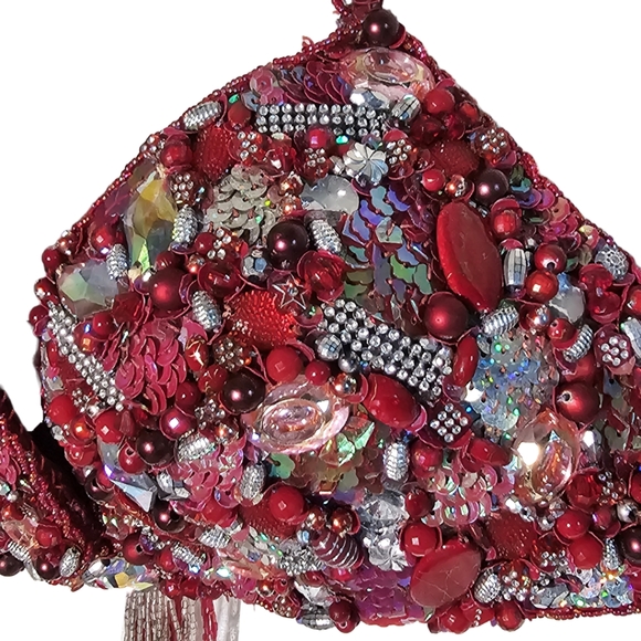 Bra belt belly dance red silver beaded set handmade egyptian - Picture 7 of 11